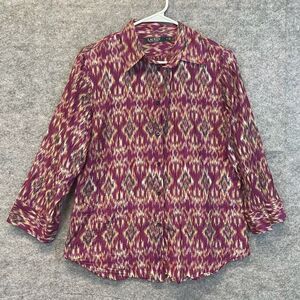 LAUREN RALPH LAUREN Silk Blend Blouse Ikat Print Button Front Purple Medium Top